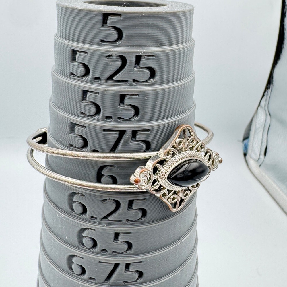 Vintage Filigree Cuff Bracelet Black Cabochon Marquise Stone Silver Tone Cuff - Picture 3 of 3